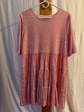 Pink Sequin Tiered Short Sleeve Dress